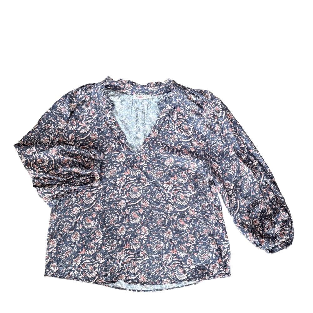 Faherty Artisan Block Print Blouse Women XS Ruffle V-Neck Balloon Sleeve Portia